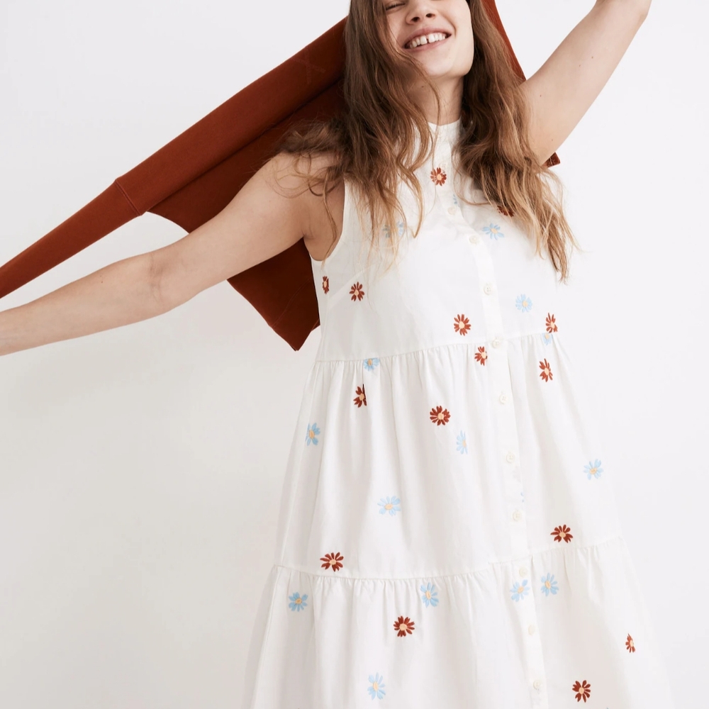 Madewell Daisy Embroidered Banded-Collar Tiered Dress 100% Cotton Size Small EUC - Picture 3 of 6